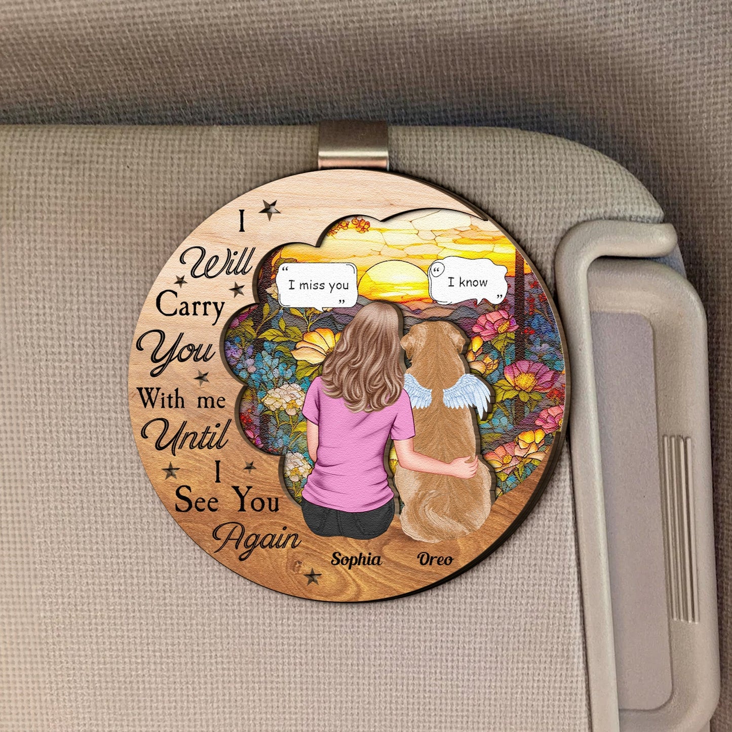 Personalized Car Visor Clip with Heartfelt Dog and Owner Illustration – Perfect Gift for Couples Who Cherish Their Pets