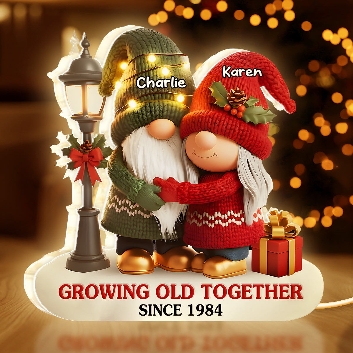 Custom Acrylic Light Box with Hugging Holiday Gnomes, Warm Glow Bedroom Lamp and Keepsake Gift for Partner