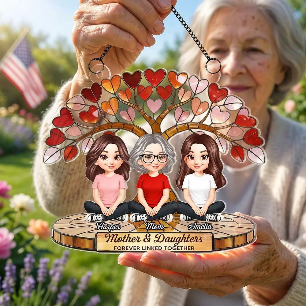 Personalized Acrylic Suncatcher Ornament Mother & Daughters Heart Tree Window Decor, Unique Gift for Mom