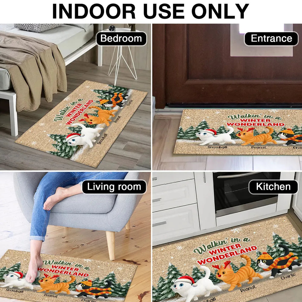 Personalized Standard Doormat with Cute Cats, Winter Wonderland Scene, Unique Holiday Gift for Pet Lovers