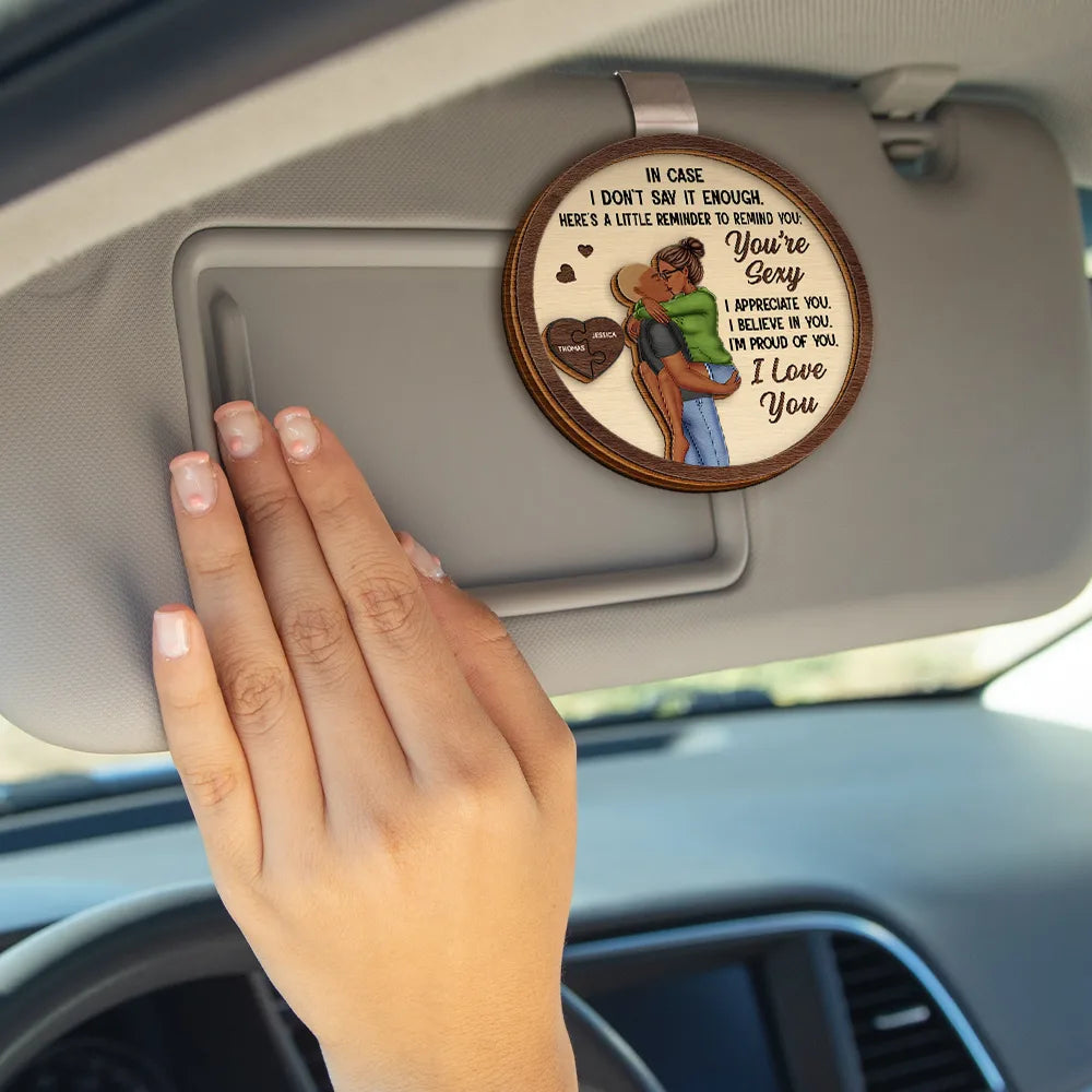 Wooden Car Visor Clip with Romantic Hug Illustration, Heartfelt Words of Love, Perfect Gift for Couples