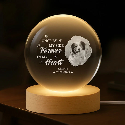 Personalized Pet Memorial Globe Lamp with Photo Engraving – Custom Dog or Cat Crystal Light, Forever in My Heart Remembrance Gift
