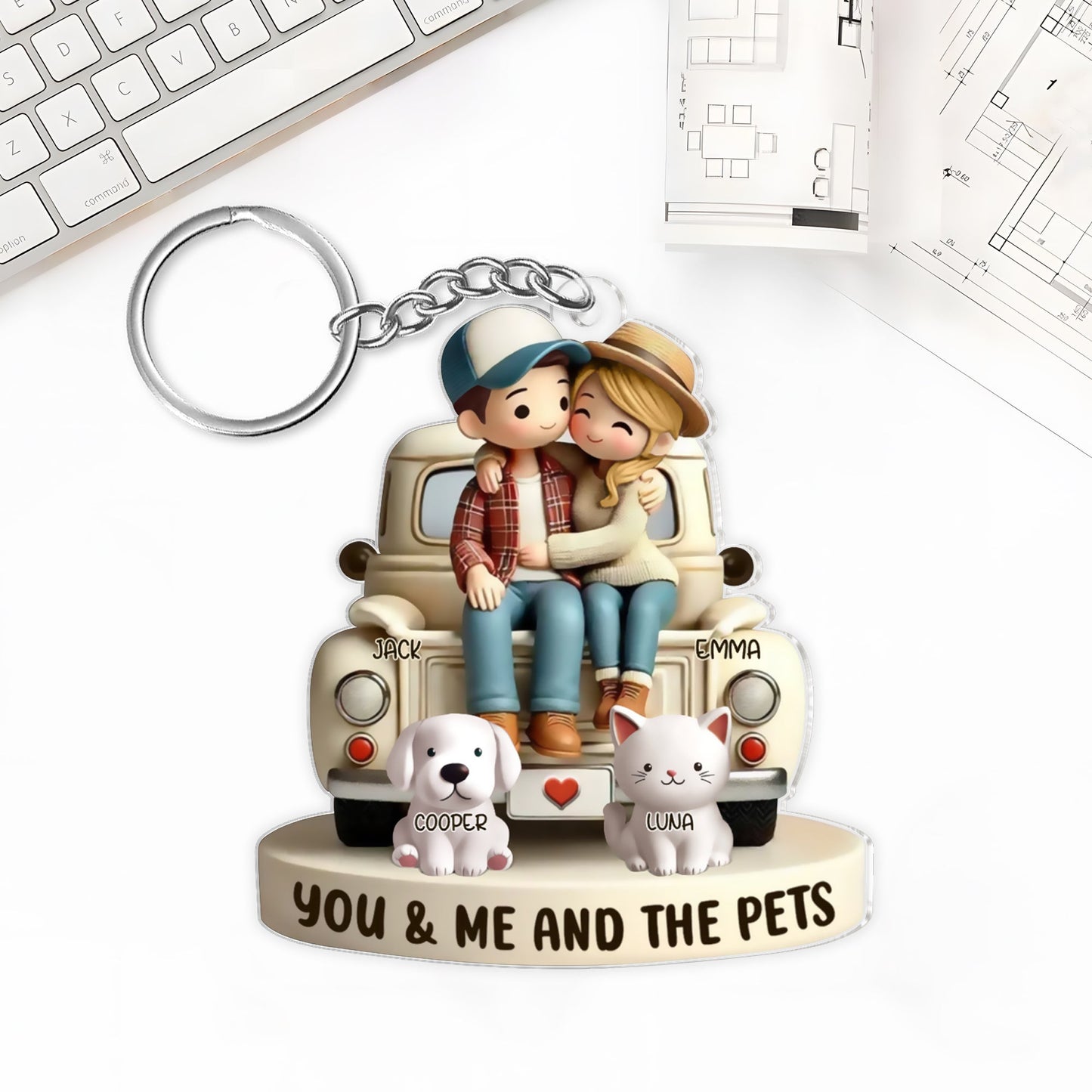 Couple and Pet Cartoon Acrylic Keychain – "You, Me, and the Pets" Personalized Gift