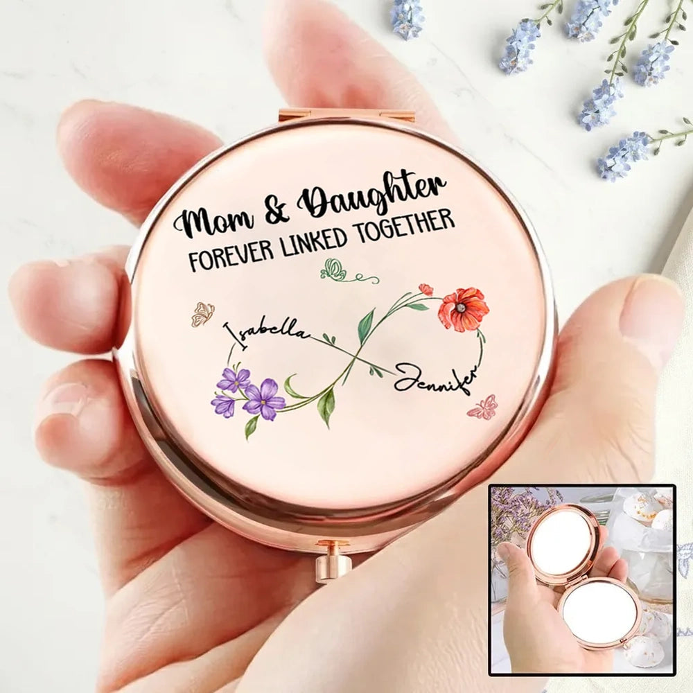 Personalized Metal Compact Mirror Mom & Daughter Forever Linked Together Floral Design - Unique Gift for Mom