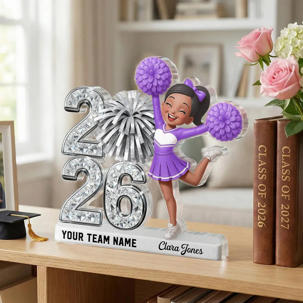 Shaped Acrylic Block Plaque With Cheerleader and Pom Poms Desk Decor, A Sweet Personalized Keepsake Gift