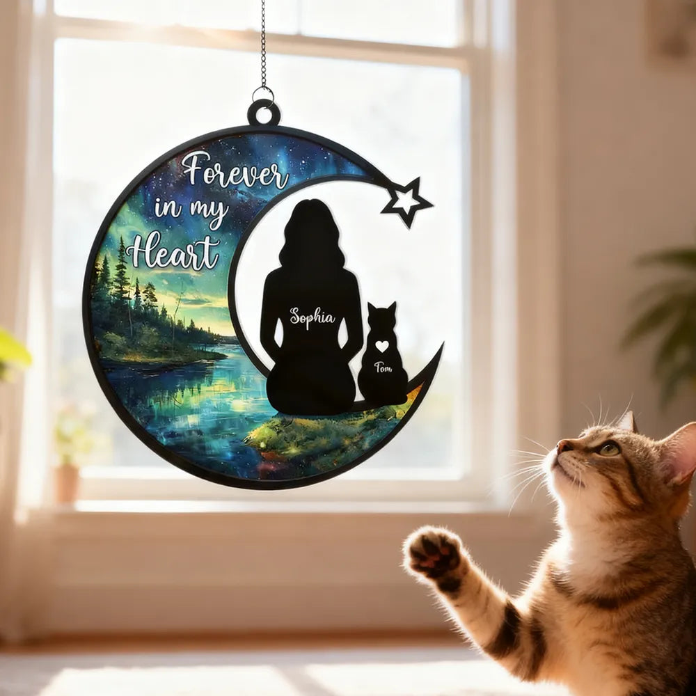Personalized Acrylic Suncatcher Ornament Cat Memorial Silhouette in Starry Lake Scene - Unique Gift for Cat Lovers