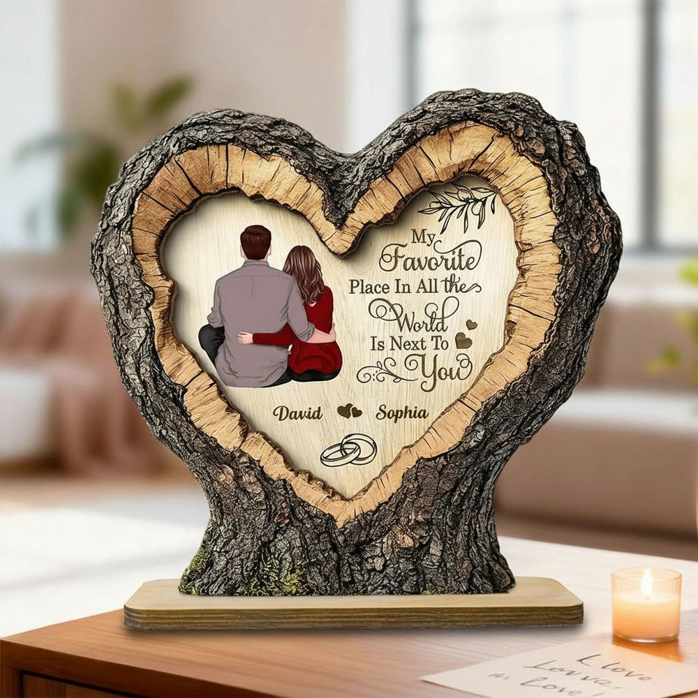 Personalized 2-Layer Wooden Plaque Heart Tree Ring Couple Hugging Unique Gift for Wife or Husband, My Favorite Place Is Next To You