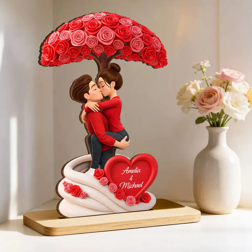 Sheltered By Love Rose Tree 2-Layer Wooden Plaque, Personalized Couple Keepsake For Valentine's Day Or Anniversary Gift