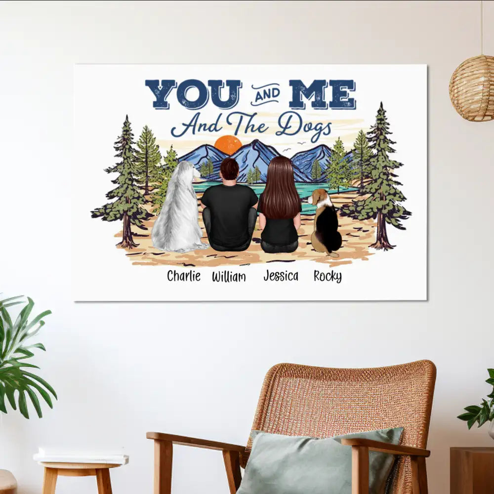 Couple with Dogs Poster Print, Scenic Mountain Landscape Design, Heartwarming Home Wall Art