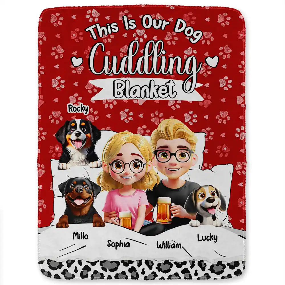 Our Dog Cuddling Fleece Blanket – Personalized Family & Dogs Bedtime Scene, Warm Lightweight Throw, Creative Gift for Pet Parents