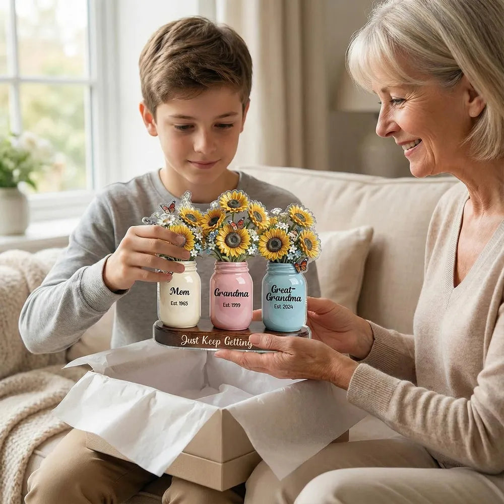 Personalized Rectangle Acrylic Block Plaque Sunflower Mason Jars Desk Decor - Unique Gift for Mom Grandma Great-Grandma