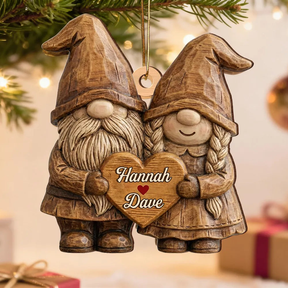 Personalized Wooden Ornament, Cute Gnome Couple Holding Heart, Unique Romantic Gift for Couples, Cozy Holiday Keepsake