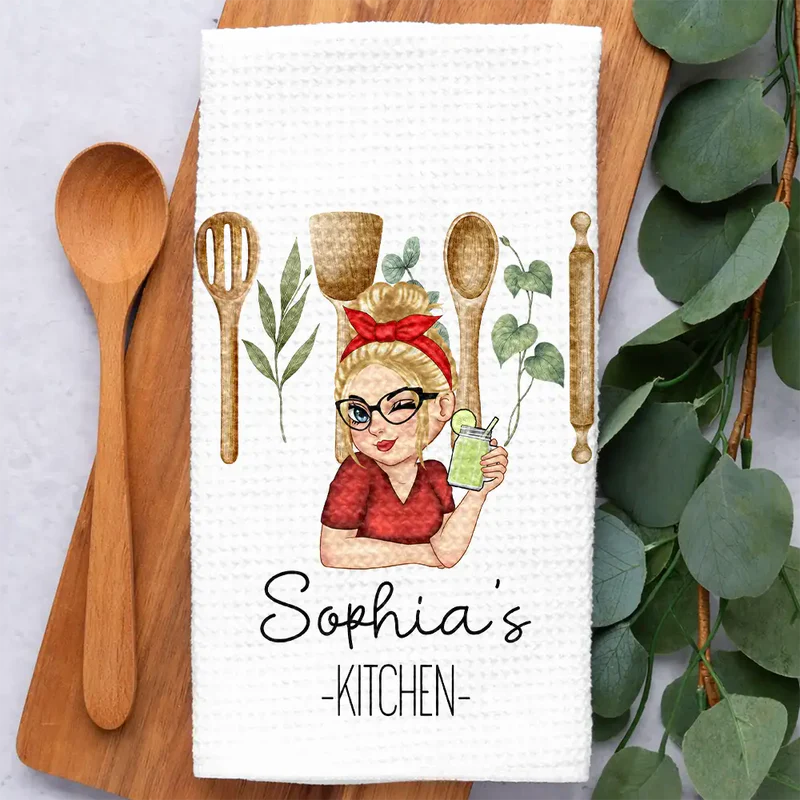 Custom Kitchen Towel for Mom or Grandma, Playful Blonde Cartoon Cook with Wine Glass, Unique Personalized Gift for Home Cooks