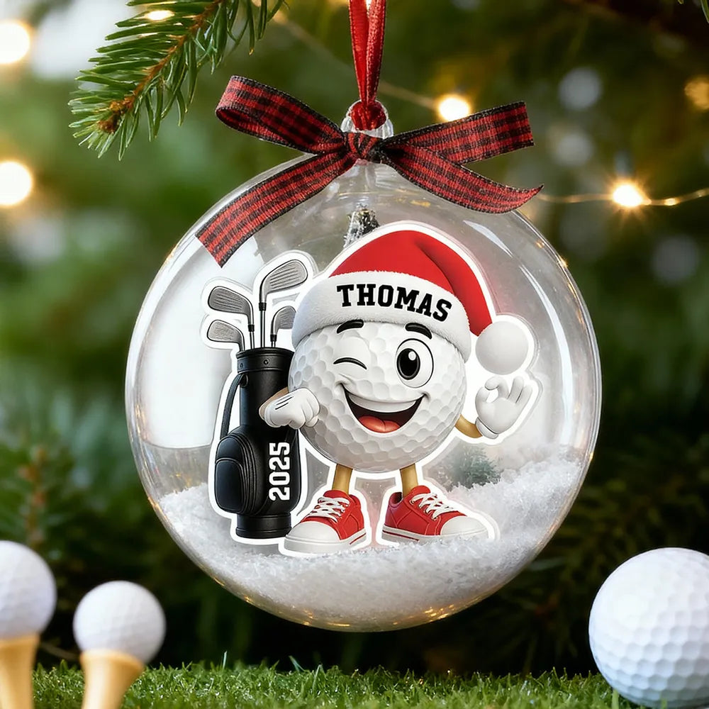 Snow Globe Ornament with Winking Santa Golf Ball, Christmas Tree Decor, playful keepsake, unique gift for golfers and Dad
