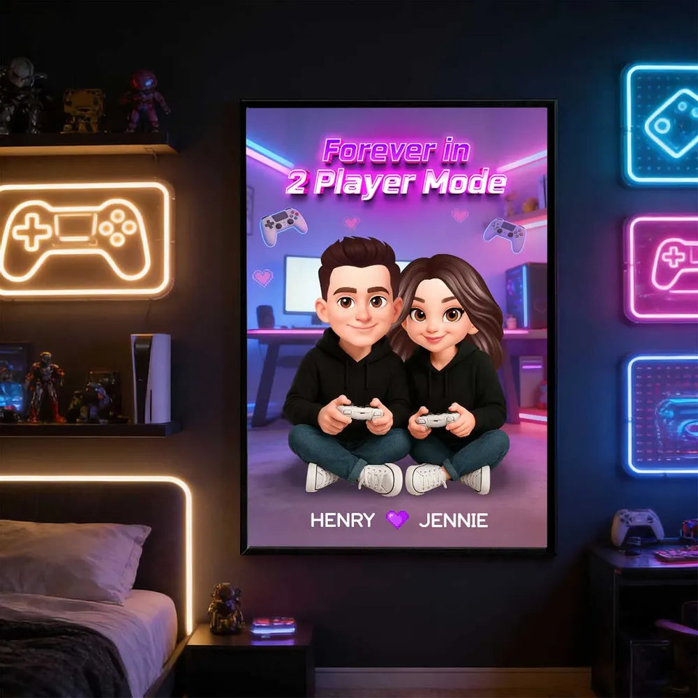 Personalized Gamer Couple Poster Forever in 2 Player Mode Neon Game Room Wall Art Unique Gift for Him or Her