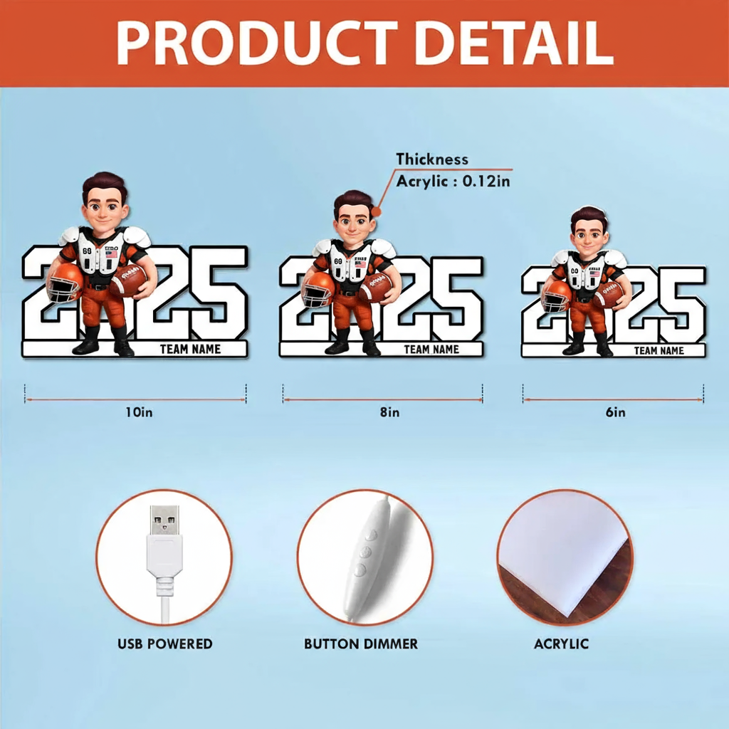 Acrylic Light Box - Custom Football Player Design, Warm Glow for Bedroom or Desk, Unique Gift for Players & Fans