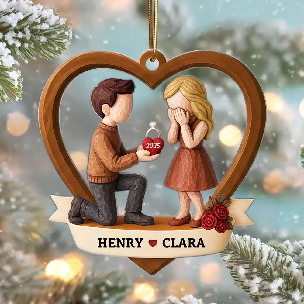 Personalized Couple Proposal Acrylic Ornament, Kneeling Engagement Moment in Heart Frame, Unique Romantic Gift