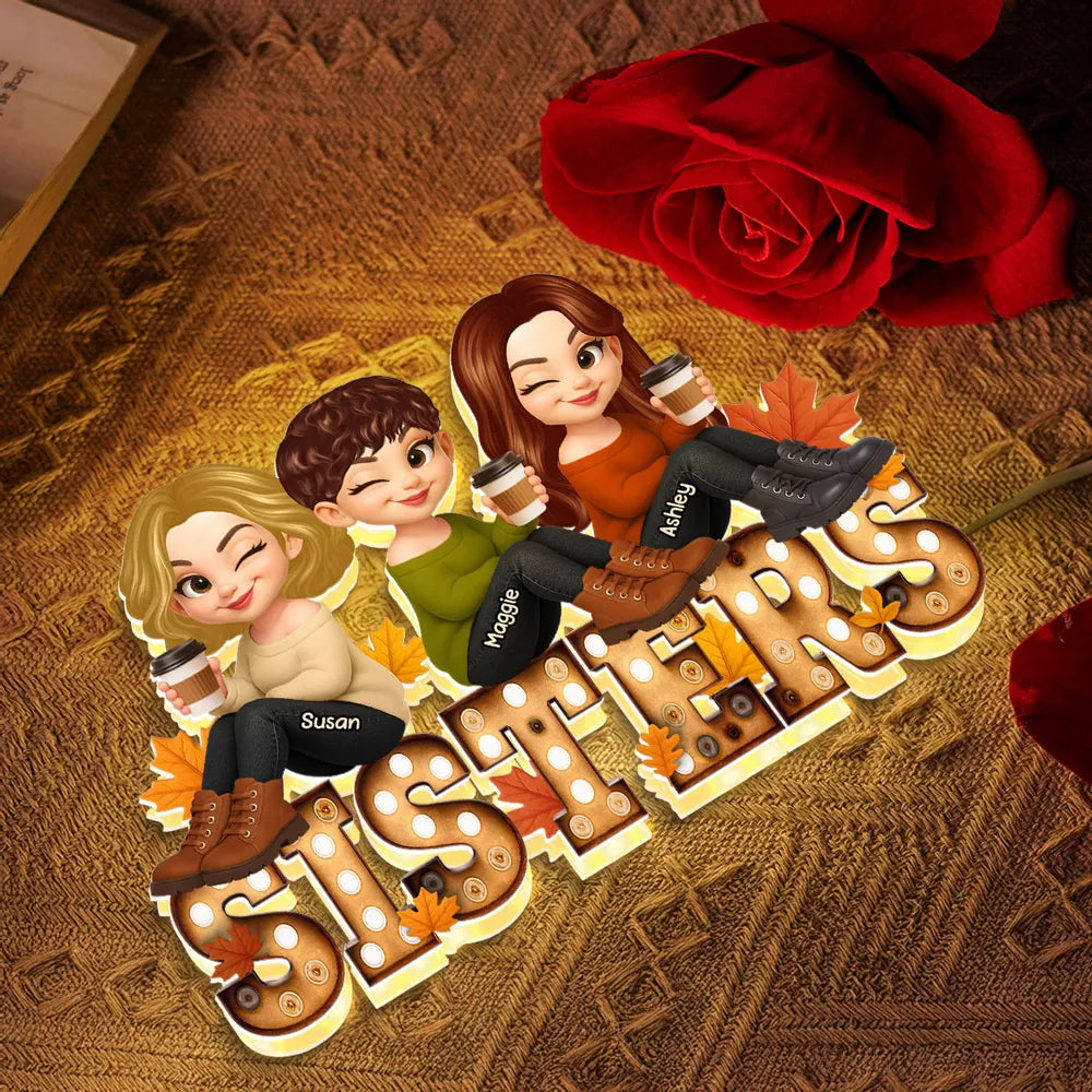 Personalized Sisters Acrylic Light Box with Cute Cartoon Design, Warm Glow Bedroom Lamp, Unique Gift for Best Friend Sisters