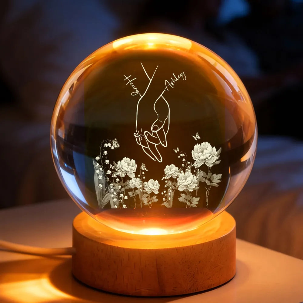Personalized Globe Lamp with Couple Holding Hands Line Art, Cozy Nightstand Decor, Unique Gift for Him or Her