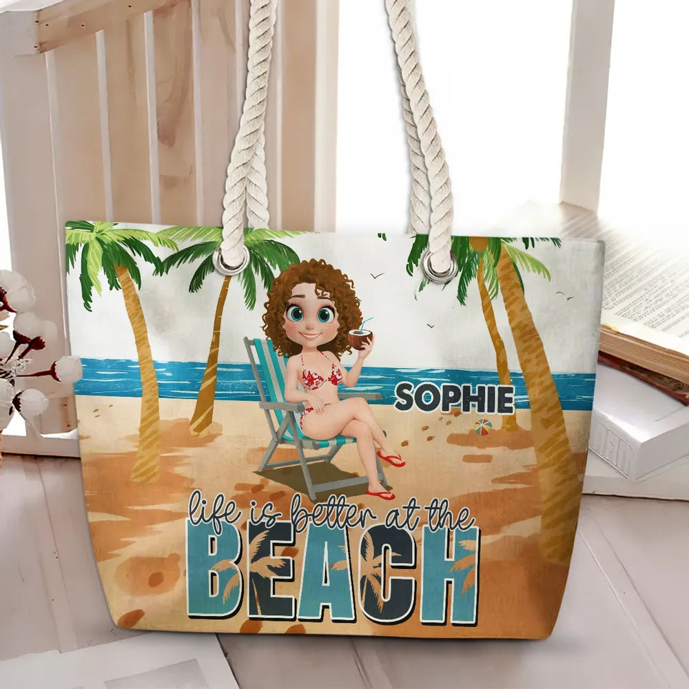 Personalized Rope Handle Canvas Bag, Life Is Better at the Beach Tropical Lounge Scene, Unique Custom Gift