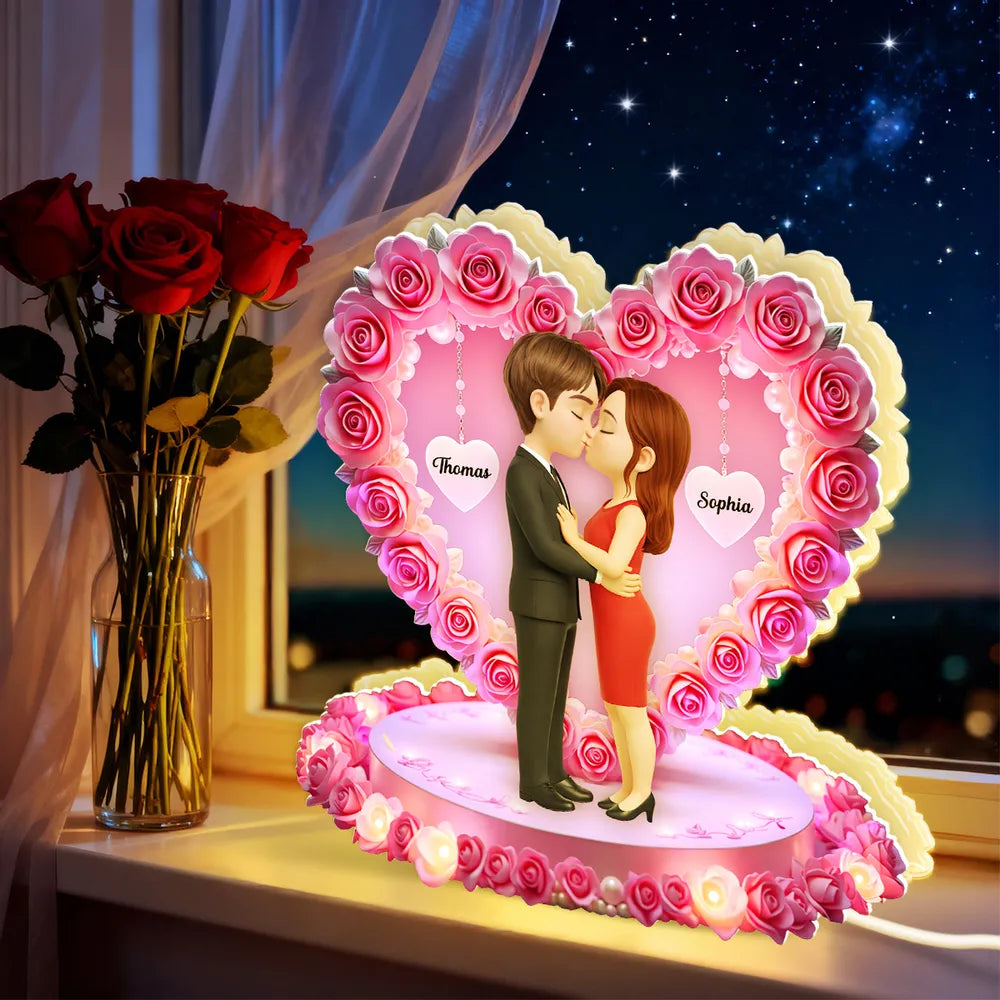 Personalized Acrylic Light Box Kissing Couple in Rose Heart Night Light for Bedroom Warm Glow Unique Gift for Her or Him