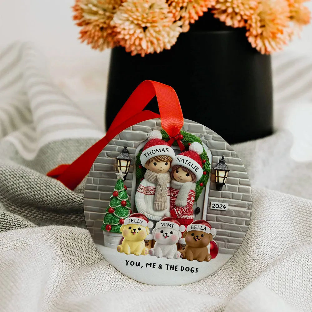 Ceramic Ornament Couple with Dogs at Festive Doorway, cozy tree-ready décor,perfect Christmas gift for pet-loving families