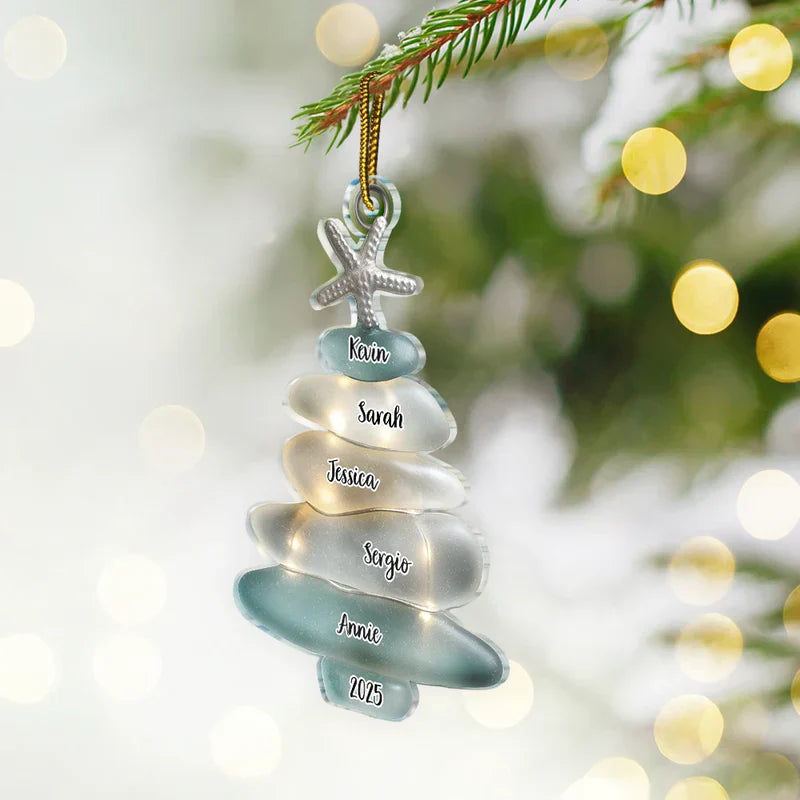 Acrylic Ornament, Personalized Sea-Glass Tree for Christmas Decor, Coastal Aqua Glow, a unique family gift