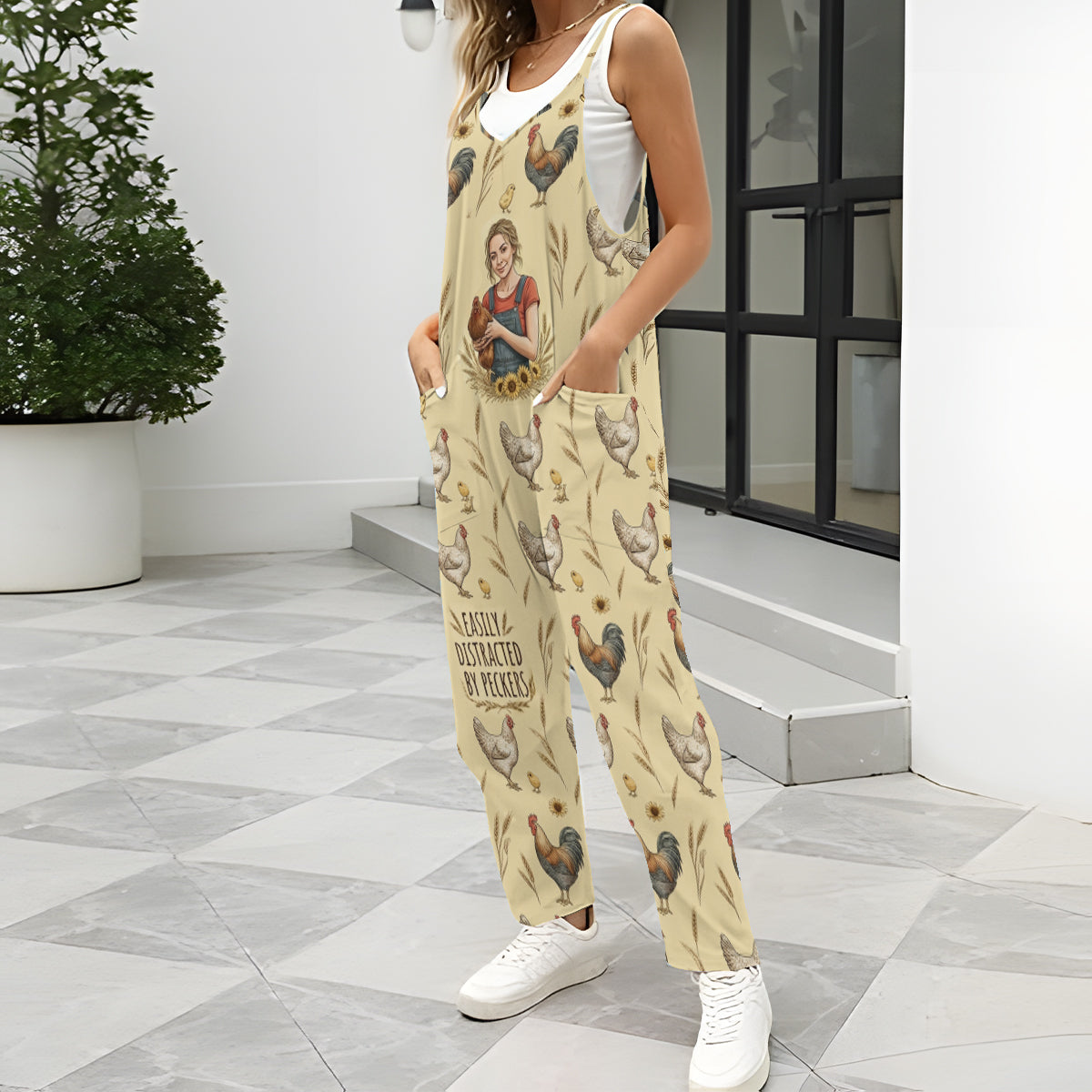 Easily Distracted By Peckers, Farmers Gift - Personalized Chicken Loose-Fit Overalls/ Rompers