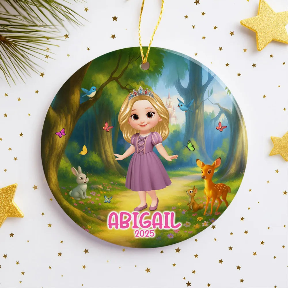 Ceramic Ornament with Princess Fairytale Design, Enchanted Forest Scene with Animals, Heartwarming Keepsake and Perfect Gift for Children