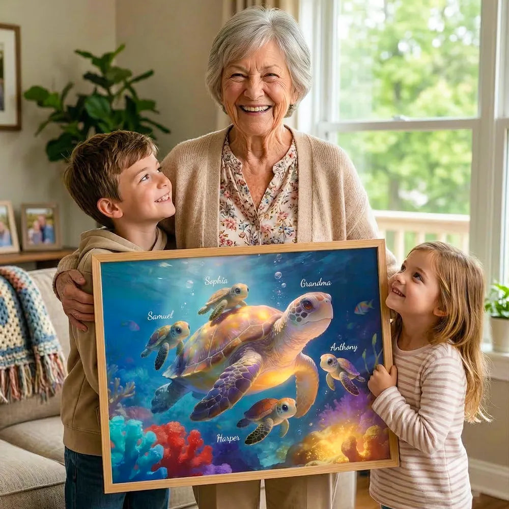 Underwater Grandma Turtle With Little Turtles Personalized Poster, Vibrant Ocean Decor, Meaningful Gift for Grandma and Family