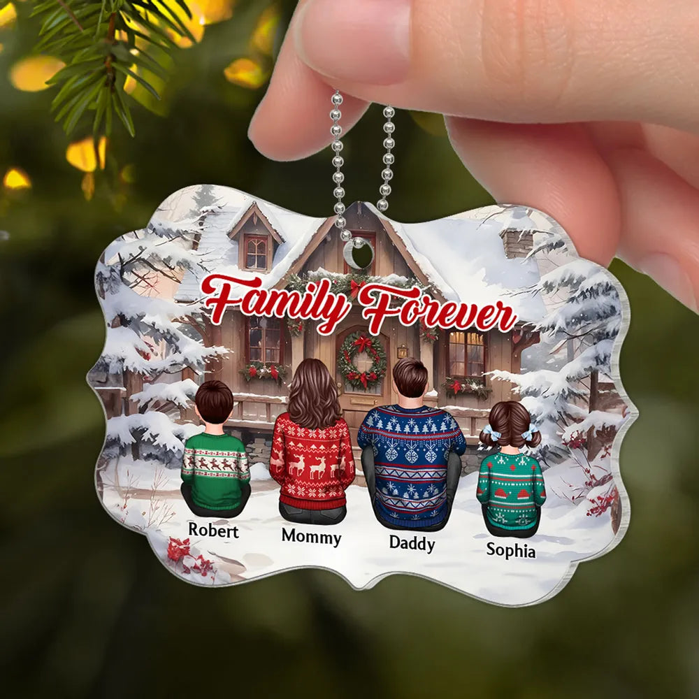 Snow House Back View Family Sitting Personalized Poster or Ornament or Plaque or Keychain