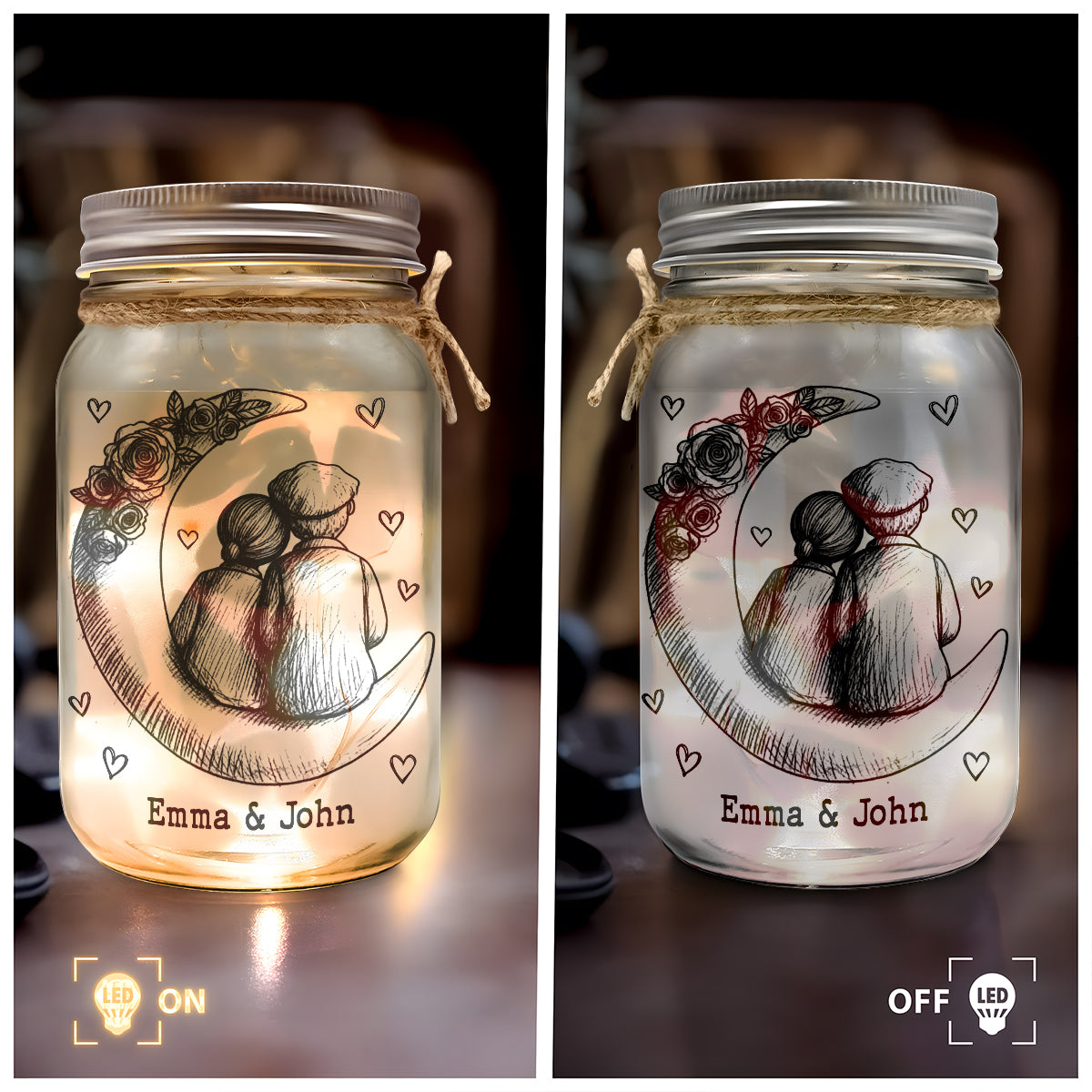 Personalized Glass Mason Jar Light with Moon Couple Design – Romantic I Love You To The Moon And Back Unique Gift