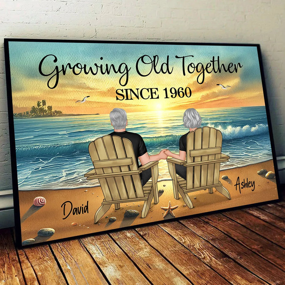 Growing Old Together Beach Poster – Personalized Anniversary Gift for Couples
