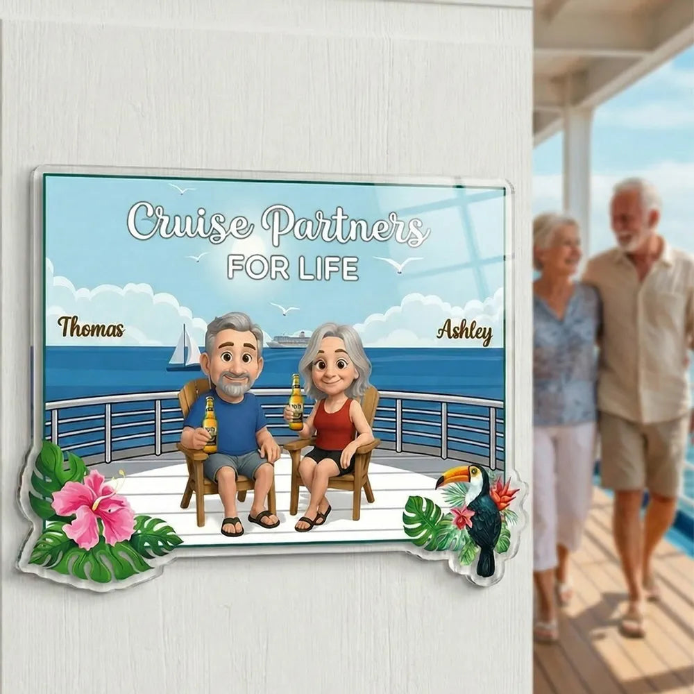 Personalized Acrylic Magnet Cruise Partners For Life Cartoon Couple on Deck, Unique Cruise Cabin Door Gift