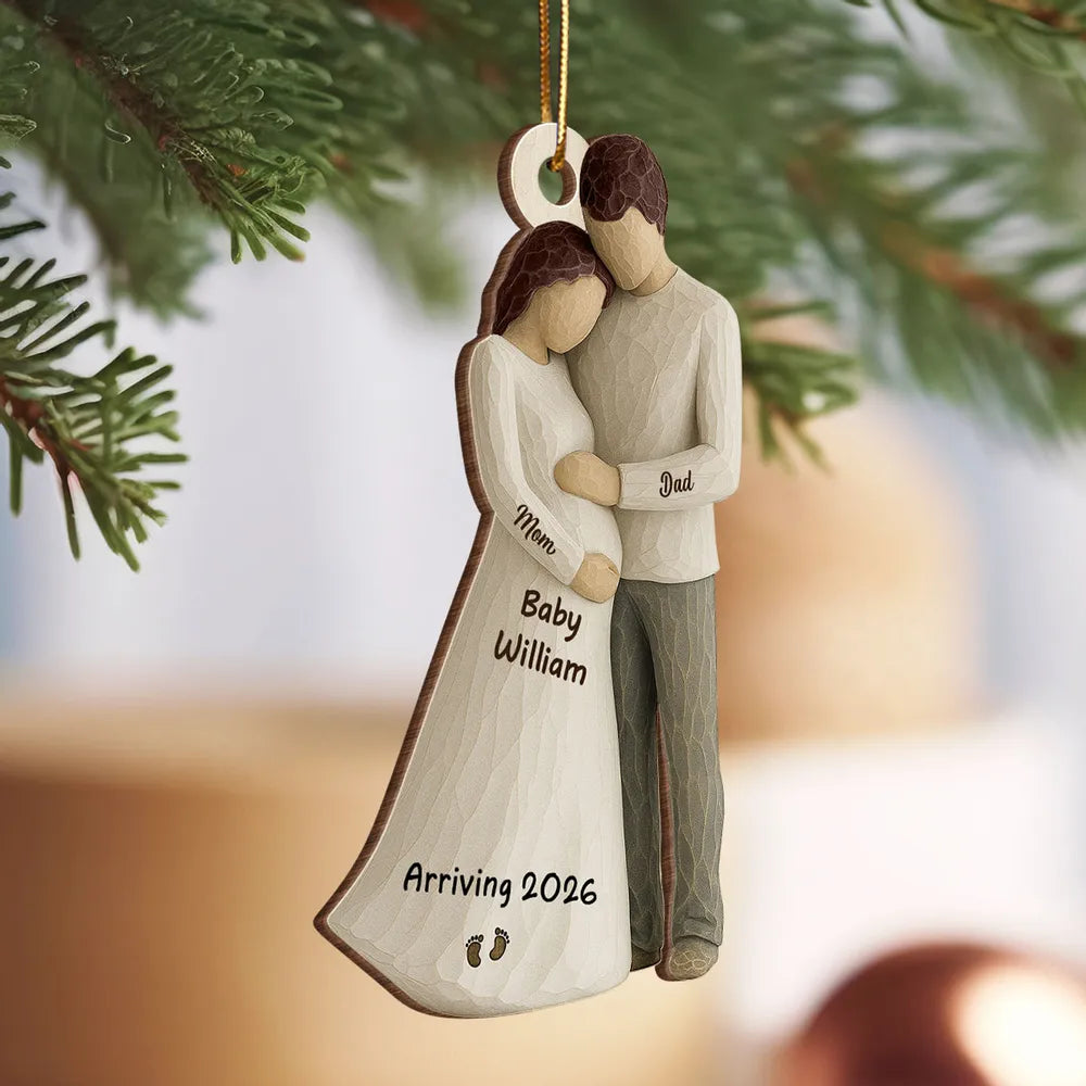 Wooden Ornament Sweet Expecting Family Hug Design, Personalized Nursery Decor Keepsake, Unique Holiday Gift for Parents