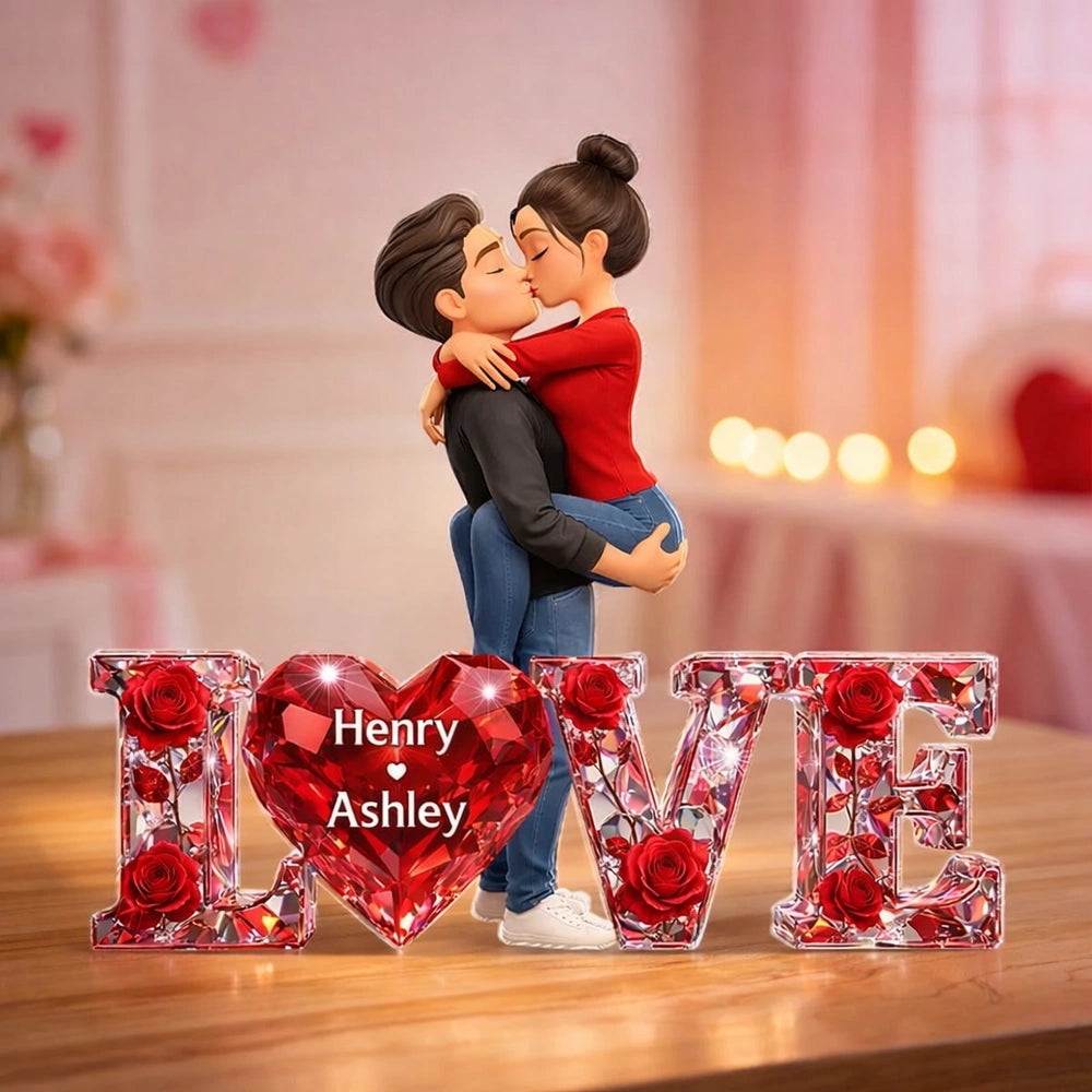 Personalized Shaped Acrylic Block Plaque Kissing Couple with LOVE Heart Roses Romantic Shelf Decor Unique Gift