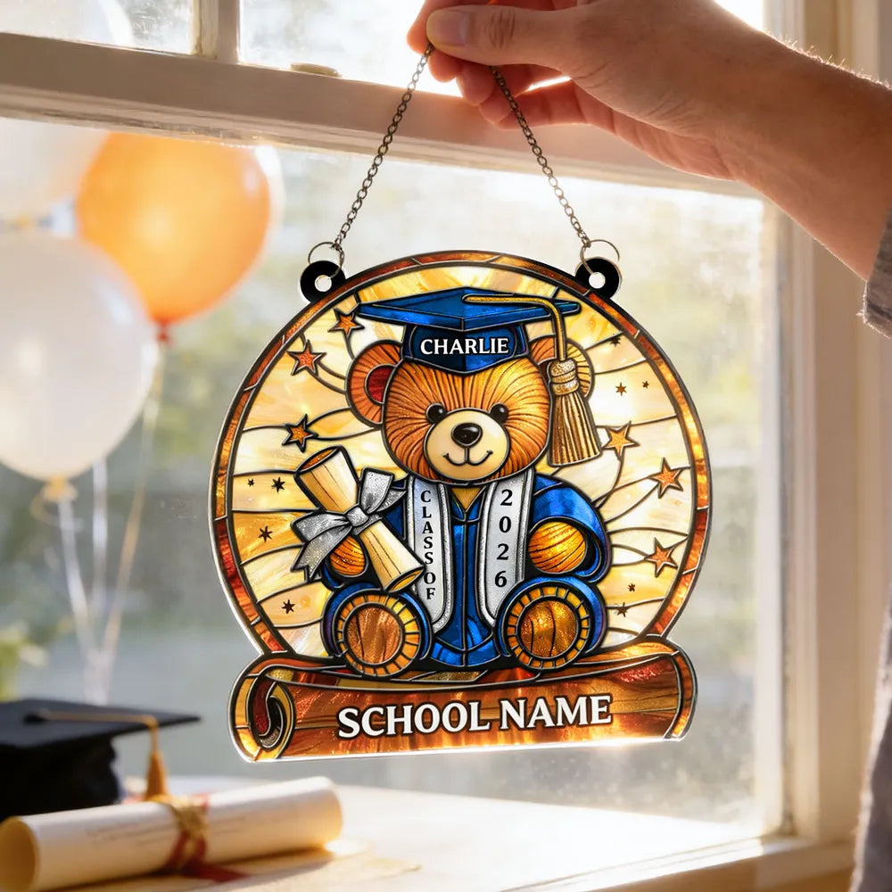 Stained Glass Style Graduation Teddy Bear Acrylic Suncatcher Ornament, Sweet Window Keepsake Gift for a Proud Grad