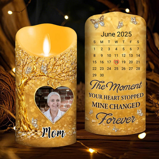 Personalized Flameless LED Candle with Photo Calendar Heart Date Warm Glow Memorial Keepsake Unique Gift for Mom