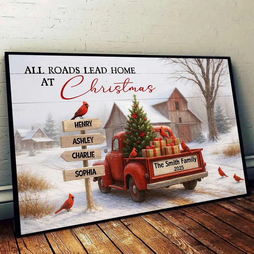 Rustic Christmas Family Poster with Custom Names, Vintage Red Truck and Winter Barn Scene