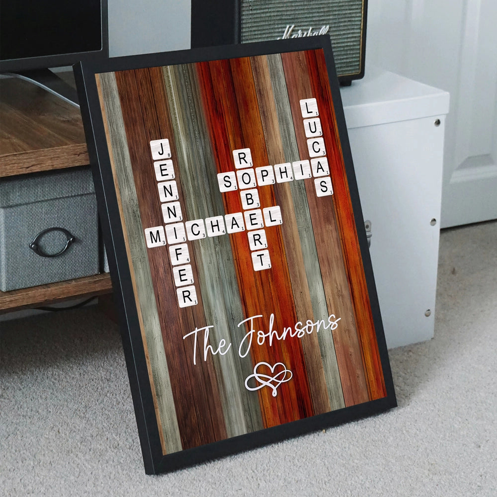 Personalized Family Name Poster Crossword Wall Art – Rustic Colorful Wood Decor, Heartfelt Home Display, Unique Gift for Parents & Loved Ones