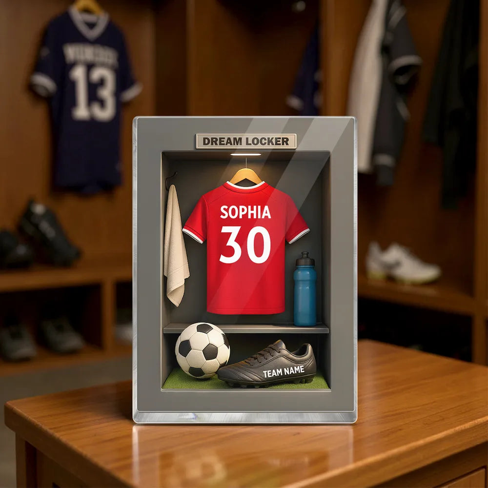 Rectangle Acrylic Block Plaque Personalized Dream Locker Soccer Jersey Scene, Sentimental Display Gift for Soccer Lovers and Families