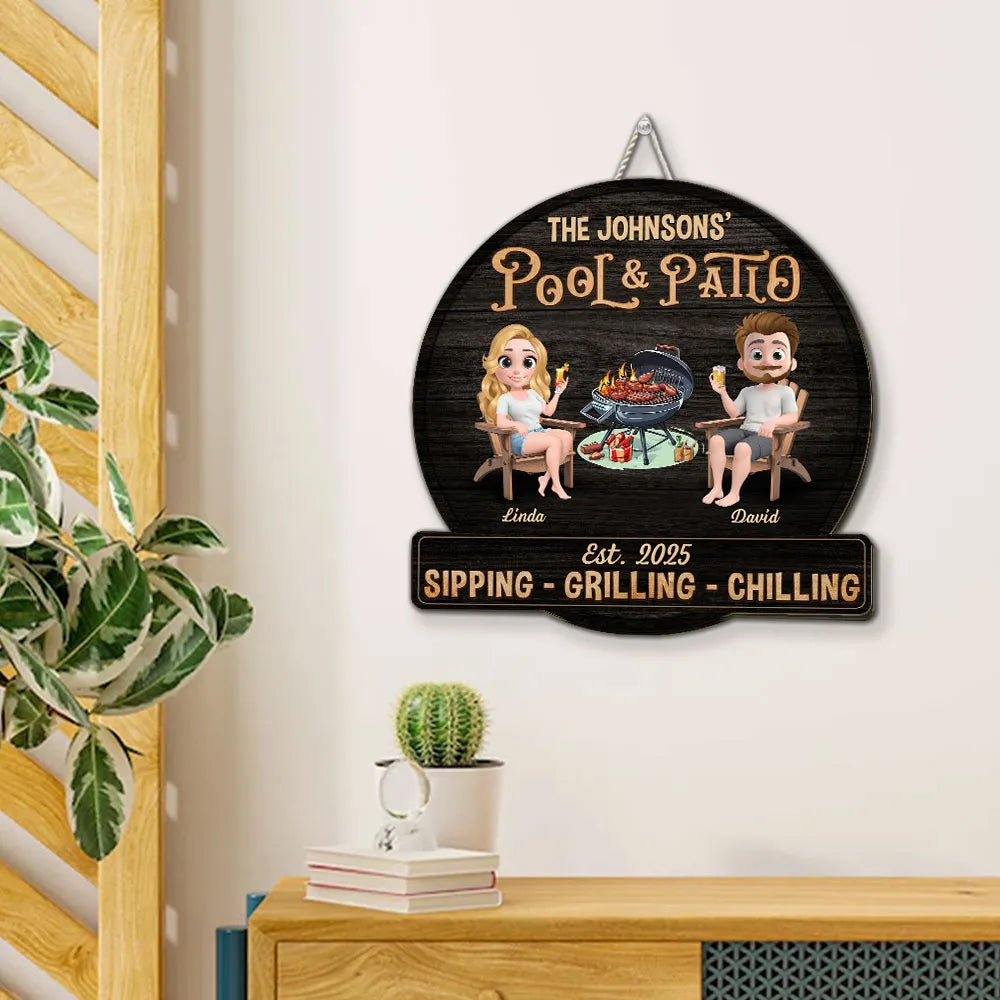 Personalized Pool & Patio Wooden Sign with Cute Couple Cartoon and Grill Scene, Unique Backyard Decor Gift