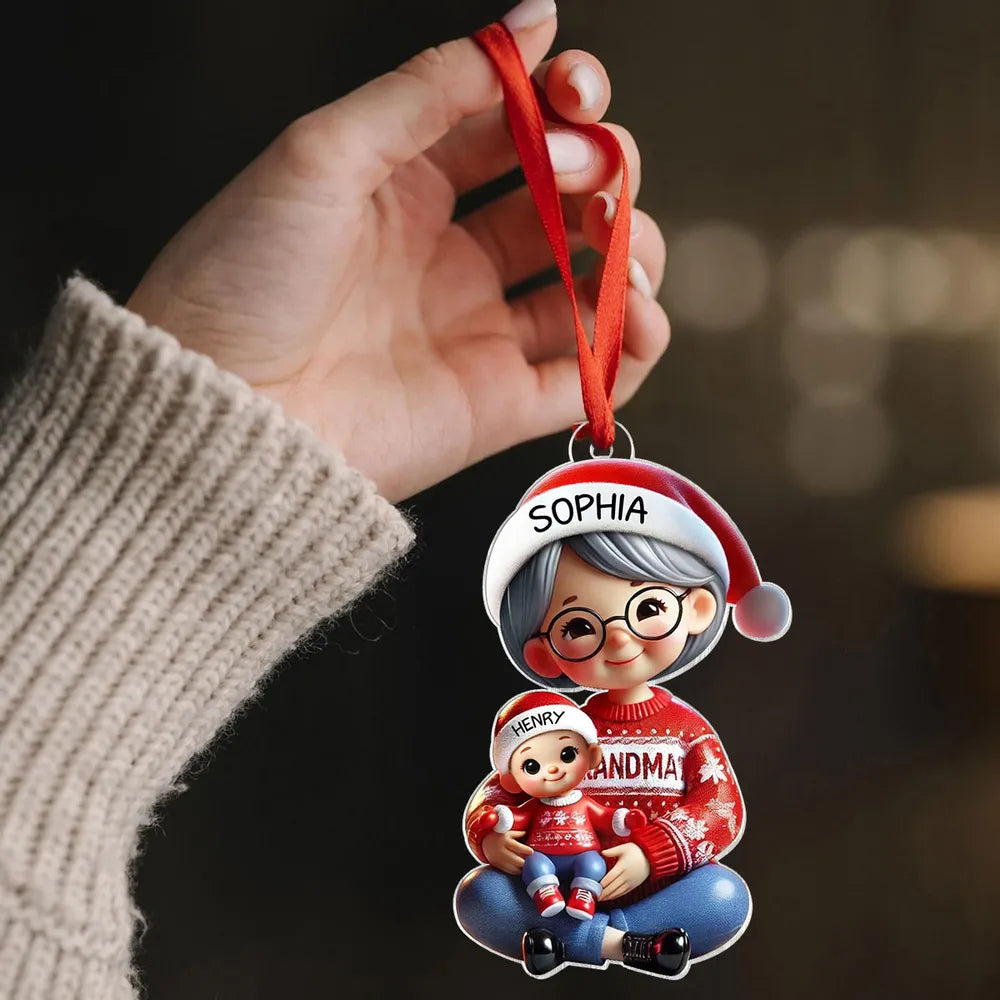 Acrylic Ornament with Grandma & Grandkid Hug Scene, Heartwarming Holiday Décor and Perfect Gift for Family
