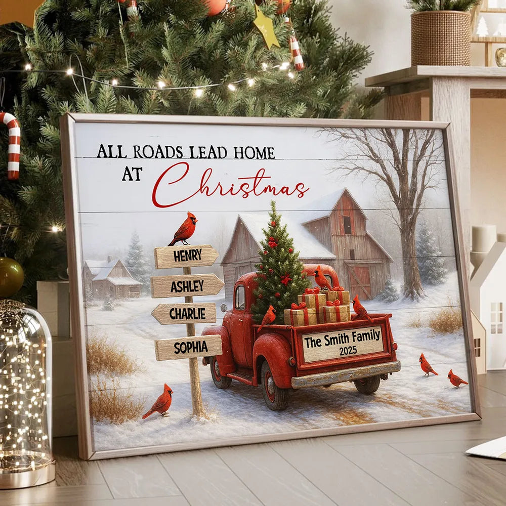 Rustic Christmas Family Poster with Custom Names, Vintage Red Truck and Winter Barn Scene