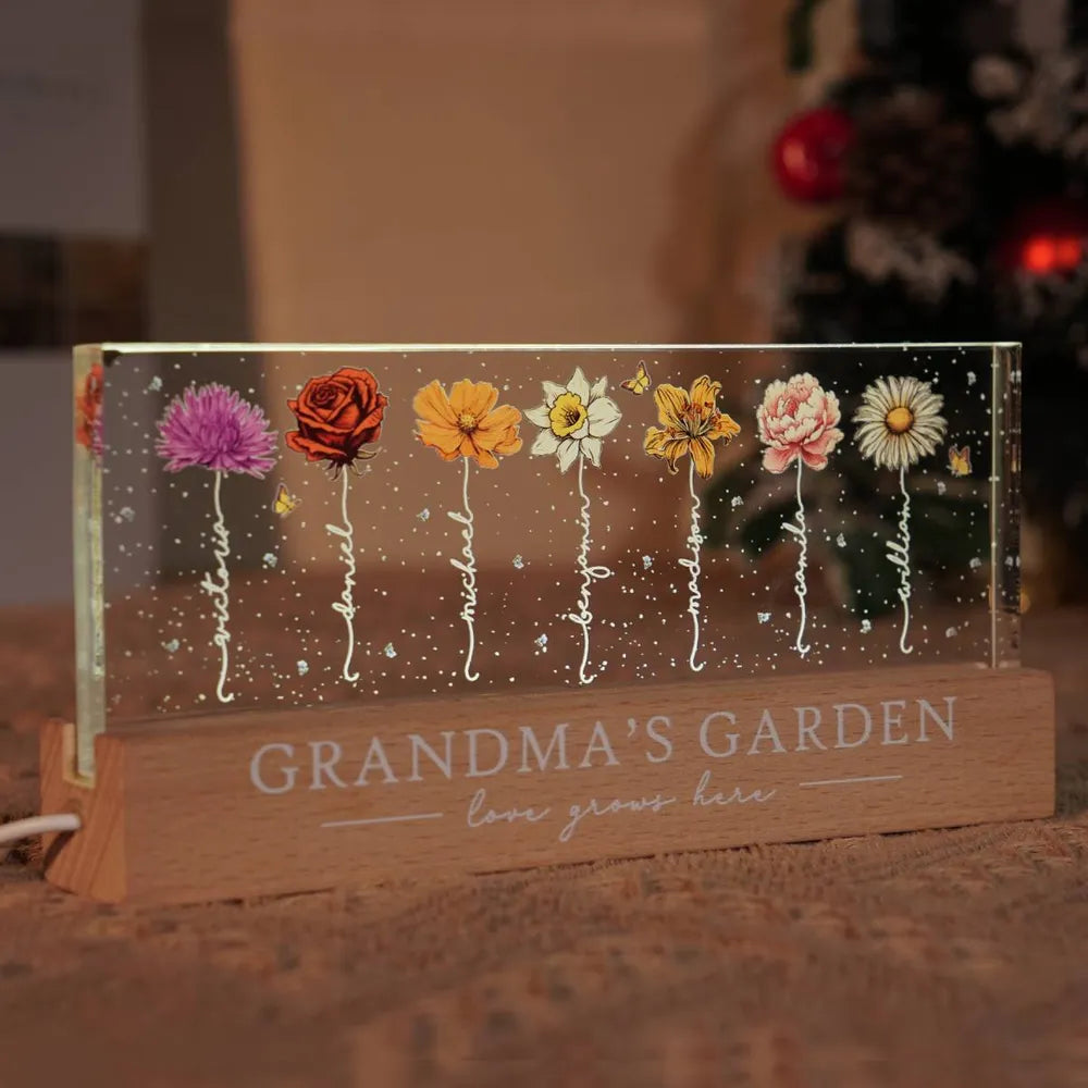 Personalized LED Plaque with Grandkids' Names & Birth Month Flowers