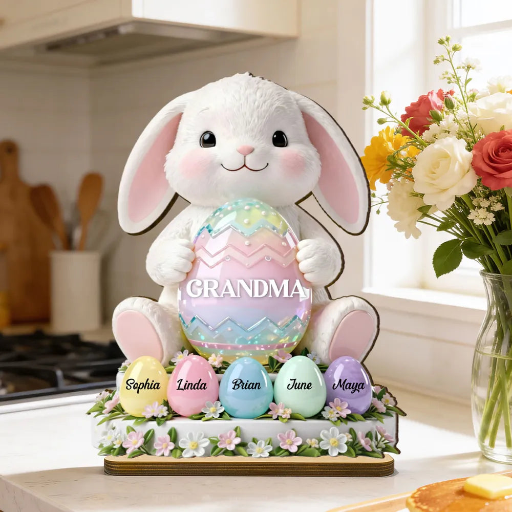 2-Layer Wooden Plaque Personalized for Grandma - Cute Bunny with Pastel Eggs Easter Decor, Heartwarming Custom Gift