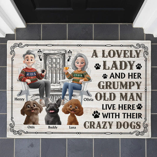 Custom Dog Lover Standard Doormat with Cartoon Couple & Crazy Pups - Personalized Housewarming Gift for Porch or Indoor Entryway