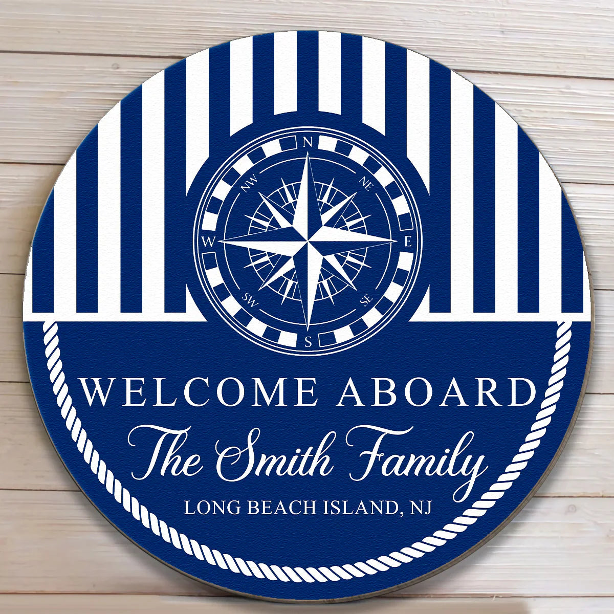 Personalized Welcome Aboard Wooden Sign With Nautical Compass And Stripes, Unique Coastal Gift For Families
