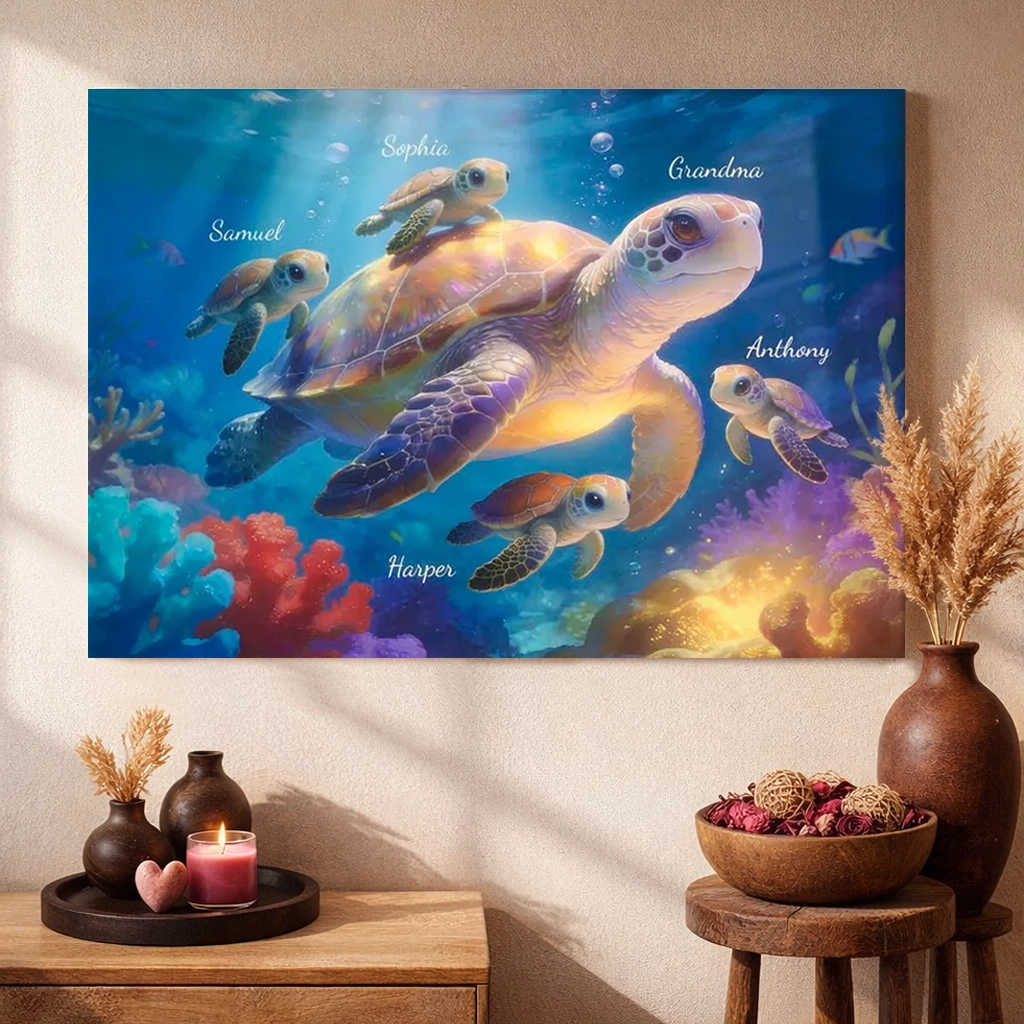 Underwater Grandma Turtle With Little Turtles Personalized Poster, Vibrant Ocean Decor, Meaningful Gift for Grandma and Family
