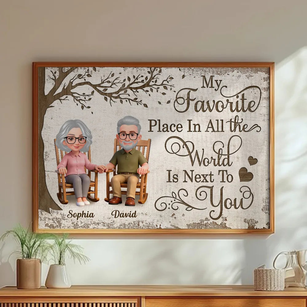 My Favorite Place Is Next To You Poster, Personalized Elder Couple Wall Decor with Hearts, Sweet Everyday Love Gift for Couple